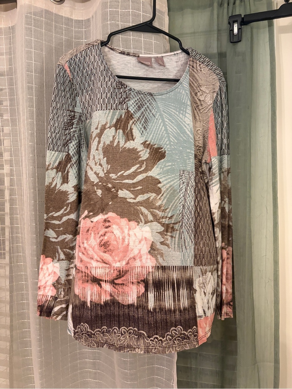 Chico's Mint Blue & Taupe Patchwork Print Long Sleeve Top